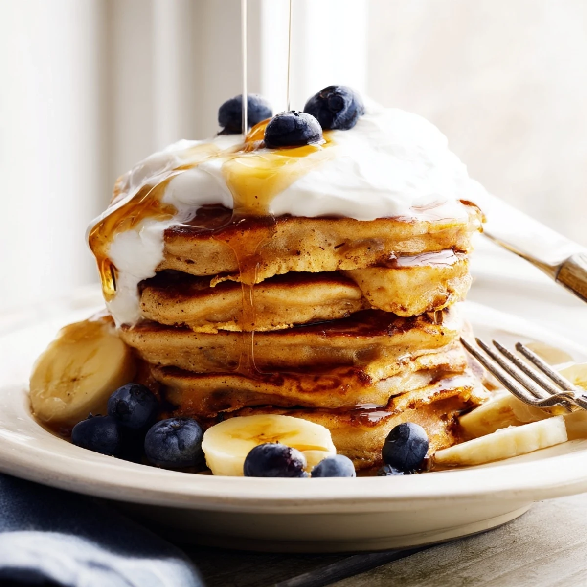 Golden stack of banana oatmeal pancakes topped with creamy Greek yogurt and fresh berries