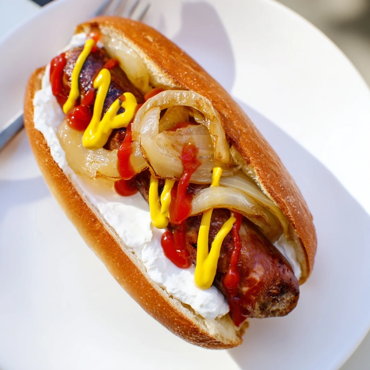 Grilled Seattle hot dogs topped with melted cream cheese and caramelized sautéed onions in toasted buns