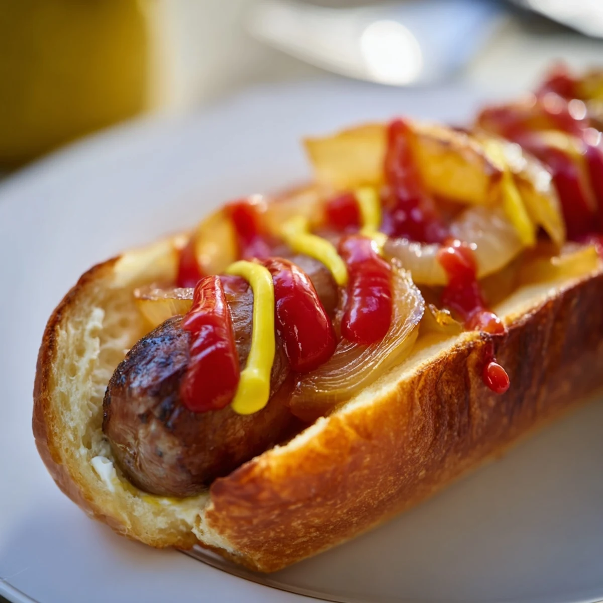 Seattle style hot dogs layered with cream cheese, golden onions, and classic condiments on warm bakery buns