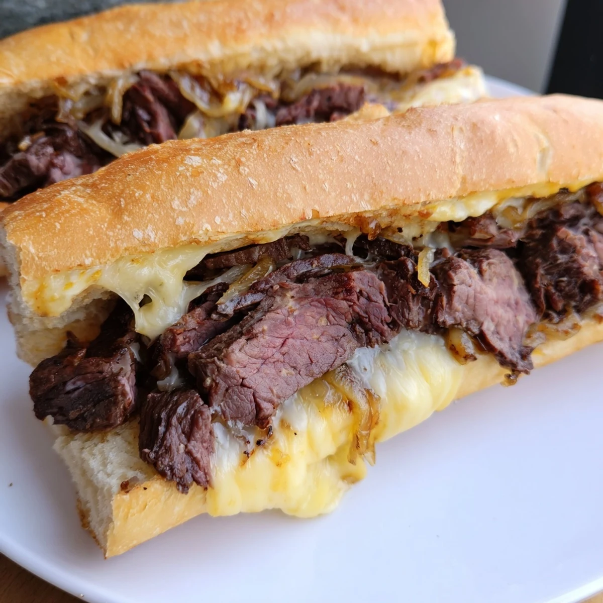 Sizzling ultimate griddled cheesesteak sandwich with melted provolone on toasted hoagie roll