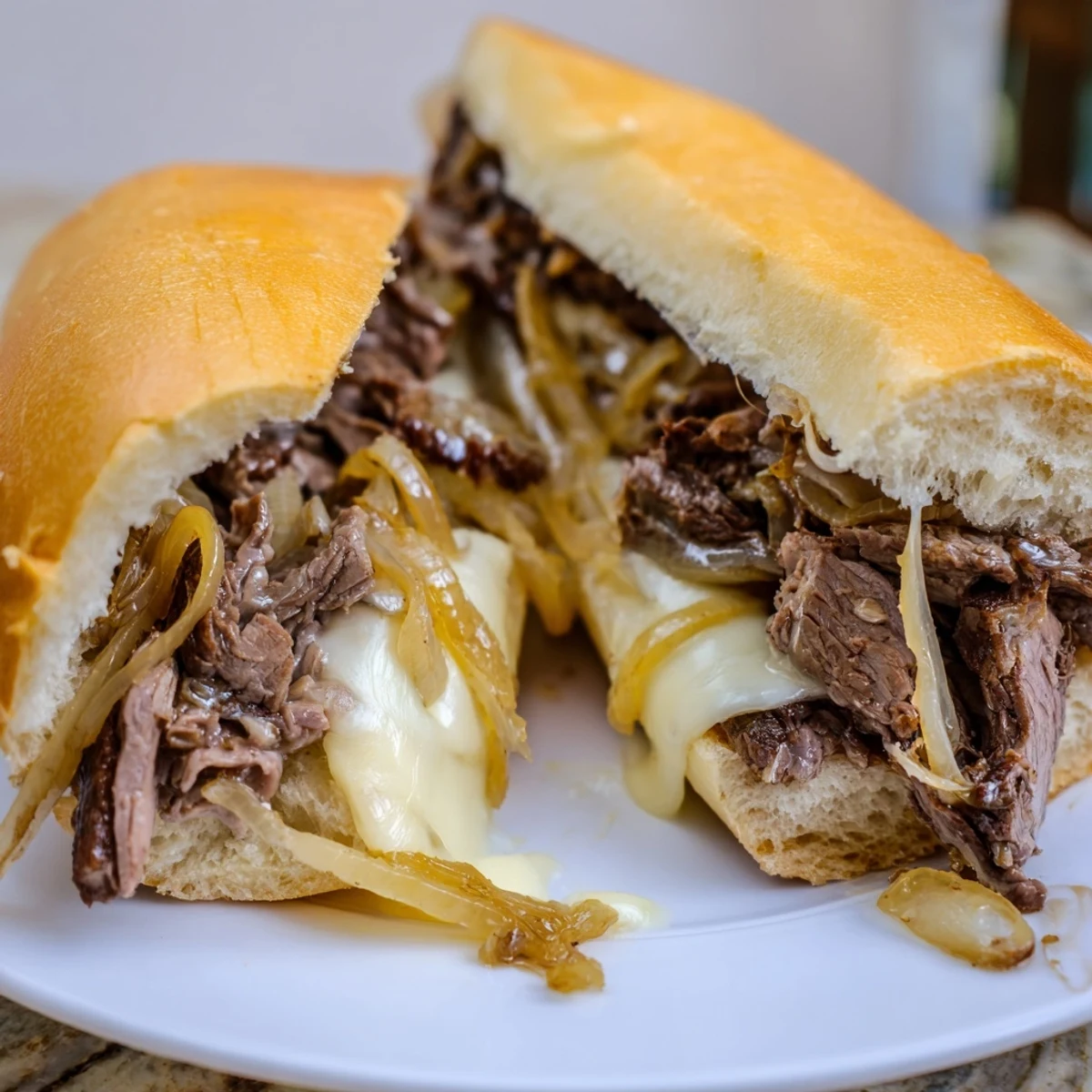 Toasted hoagie roll overflowing with ultimate griddled cheesesteak featuring gooey melted provolone cheese