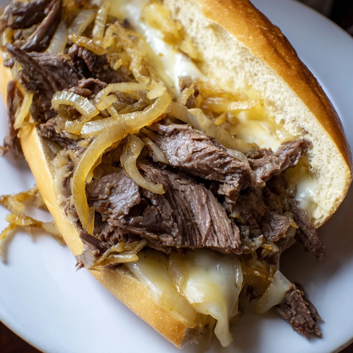 Golden brown ultimate griddled cheesesteak loaded with caramelized onions and tender ribeye slices