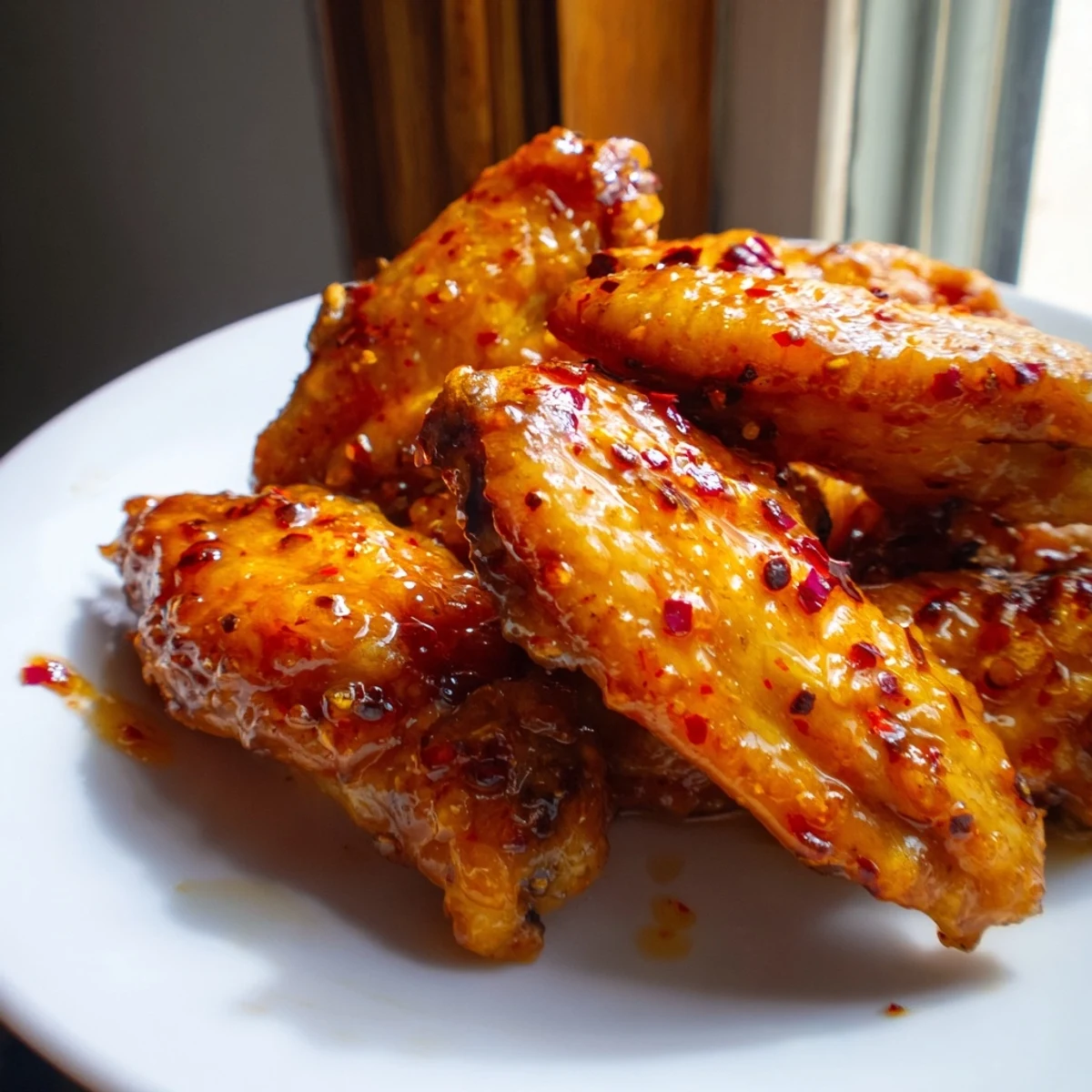 Golden smoked hot honey chicken wings glistening with spicy sweet glaze on serving platter