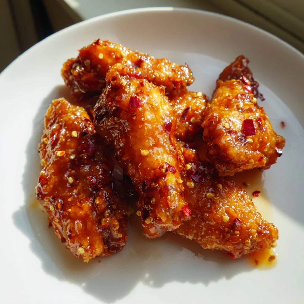 Crispy smoked hot honey chicken wings coated in sticky honey sauce with red pepper flakes