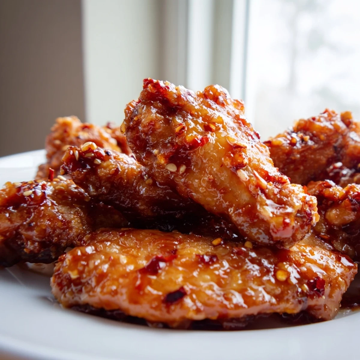 Smoked hot honey chicken wings arranged on rustic wooden board with glossy caramelized glaze