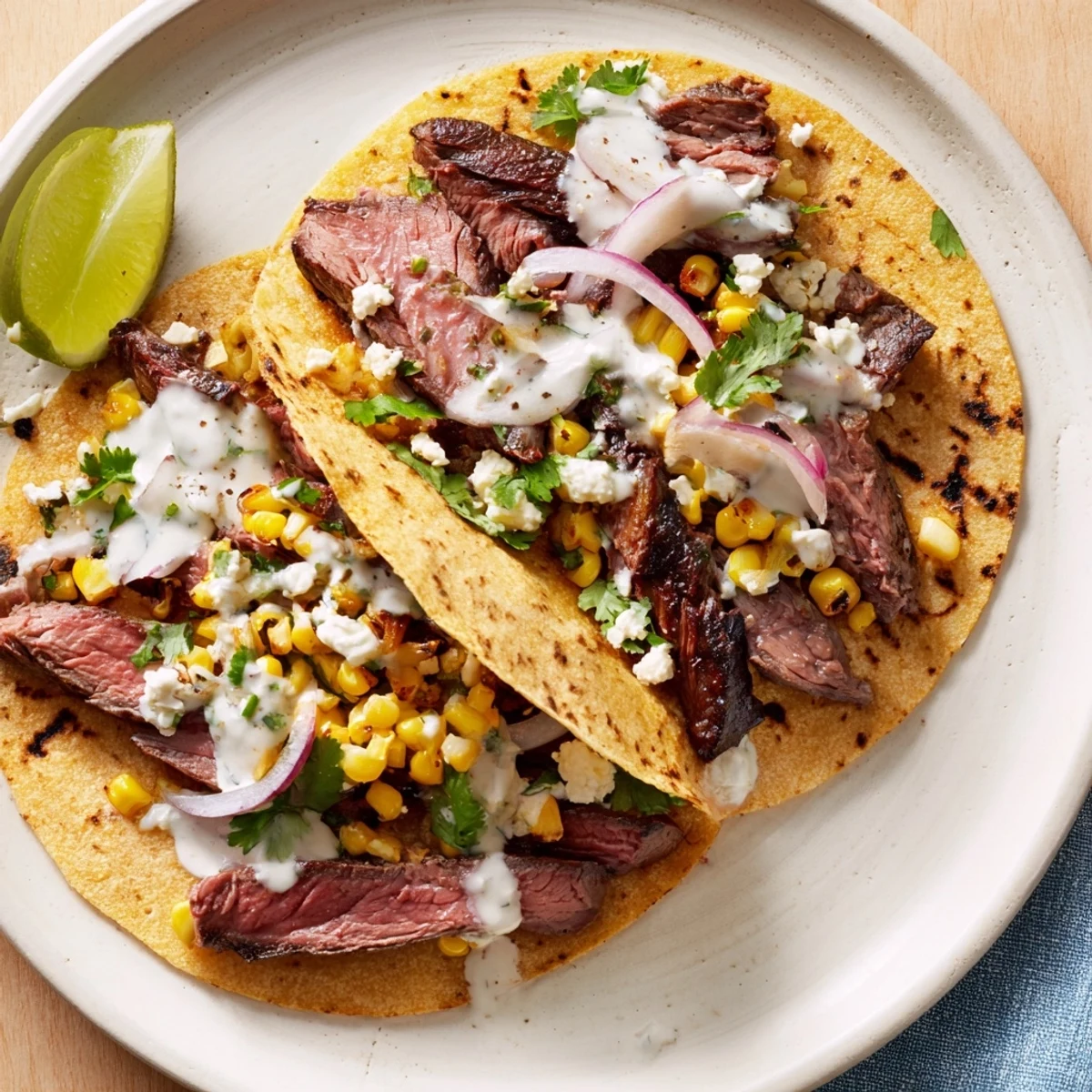 Vibrant grilled steak elote tacos featuring charred corn mayonnaise mixture fresh cilantro and zesty lime wedges on wooden board