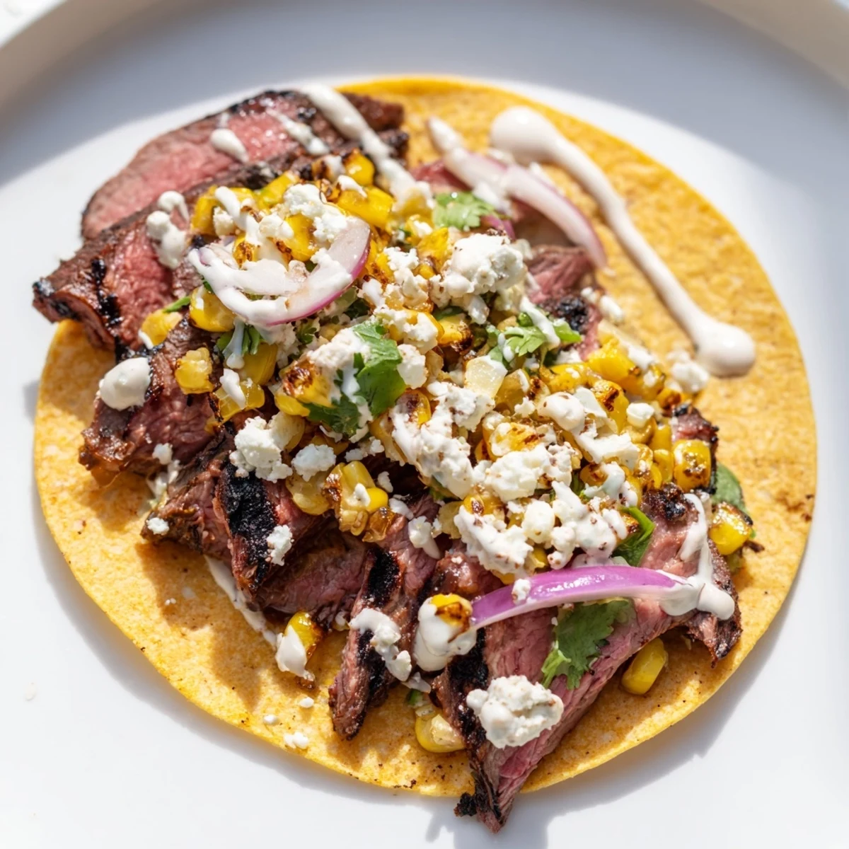 Golden corn tortillas piled high with spiced grilled steak elote tacos topped with tangy crema and crumbly cotija cheese