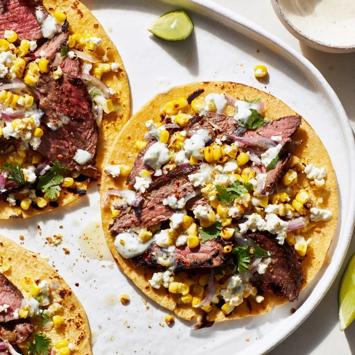 Delicious steak elote tacos stacked with juicy sliced grilled meat Mexican street corn and red onion slices on white plate