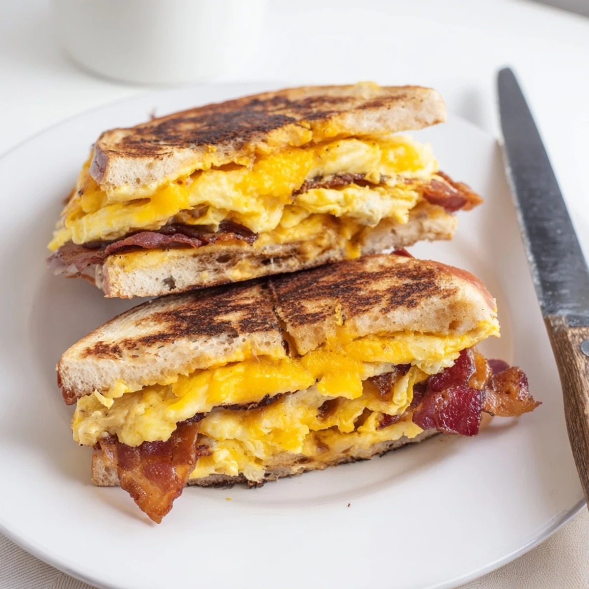 Golden griddle breakfast sandwich with crispy bacon fluffy eggs and melted cheddar on toasted English muffin