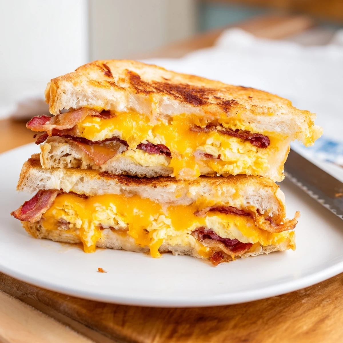 Hearty American breakfast sandwich featuring scrambled eggs cheese and bacon stacked on buttery griddled English muffin halves
