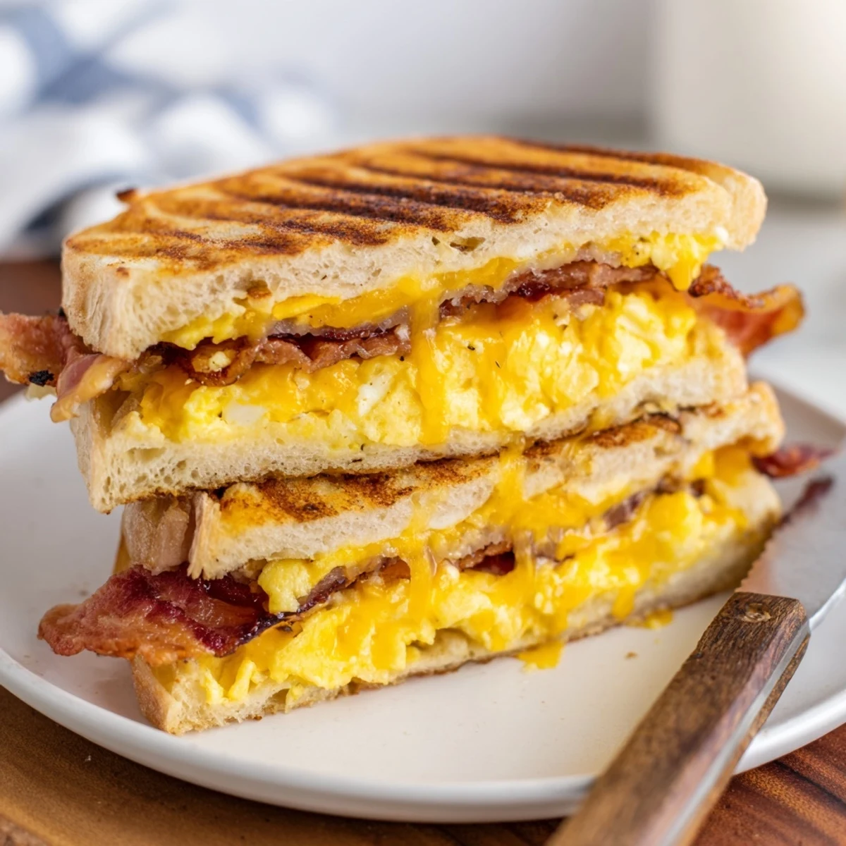 Delicious griddle breakfast sandwich assembled with crispy cooked bacon fluffy scrambled eggs and melty cheese slices