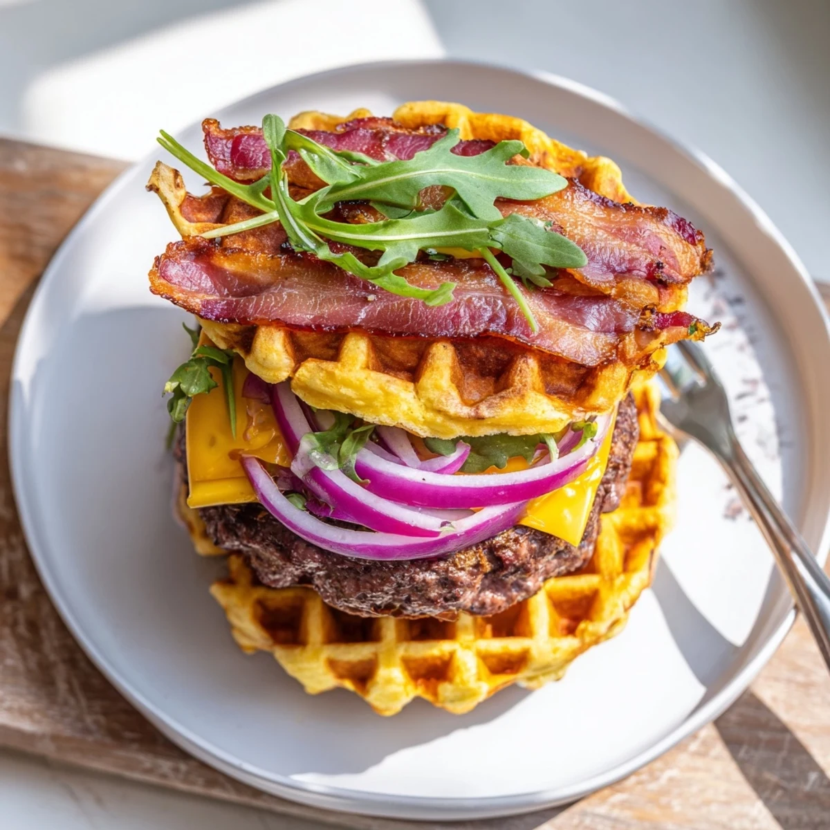 Stacked maple bacon waffle burger featuring arugula red onion and sweet maple aioli dripping down