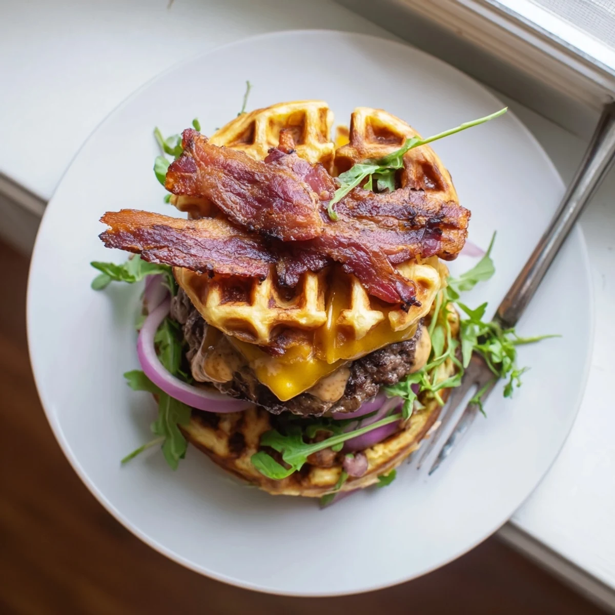 Decadent burger between toasted golden waffles topped with caramelized bacon and sharp cheddar cheese slices