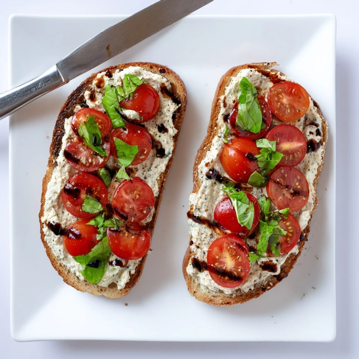 Creamy ricotta spread on crispy sourdough toast layered with halved tomatoes and fragrant basil