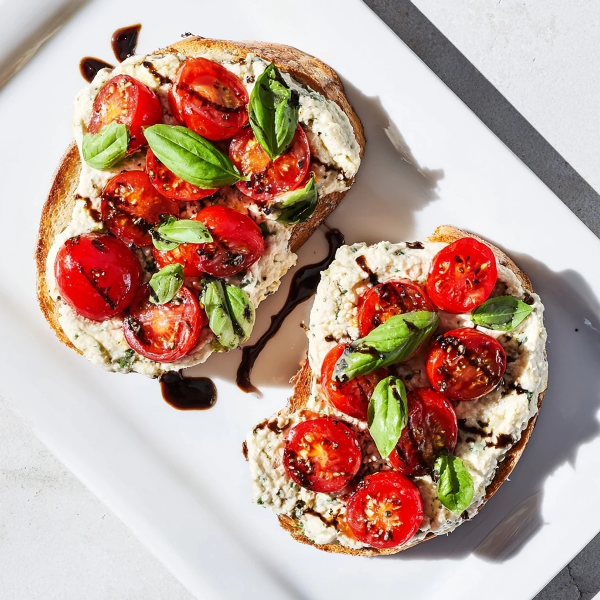 Golden ricotta tomato sourdough toast topped with fresh basil and juicy red cherry tomatoes