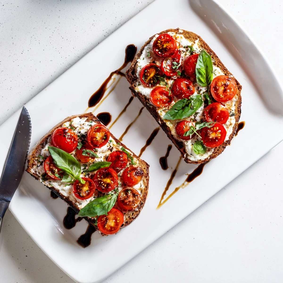 Vibrant Mediterranean toast featuring whipped ricotta, colorful cherry tomatoes, and torn basil leaves