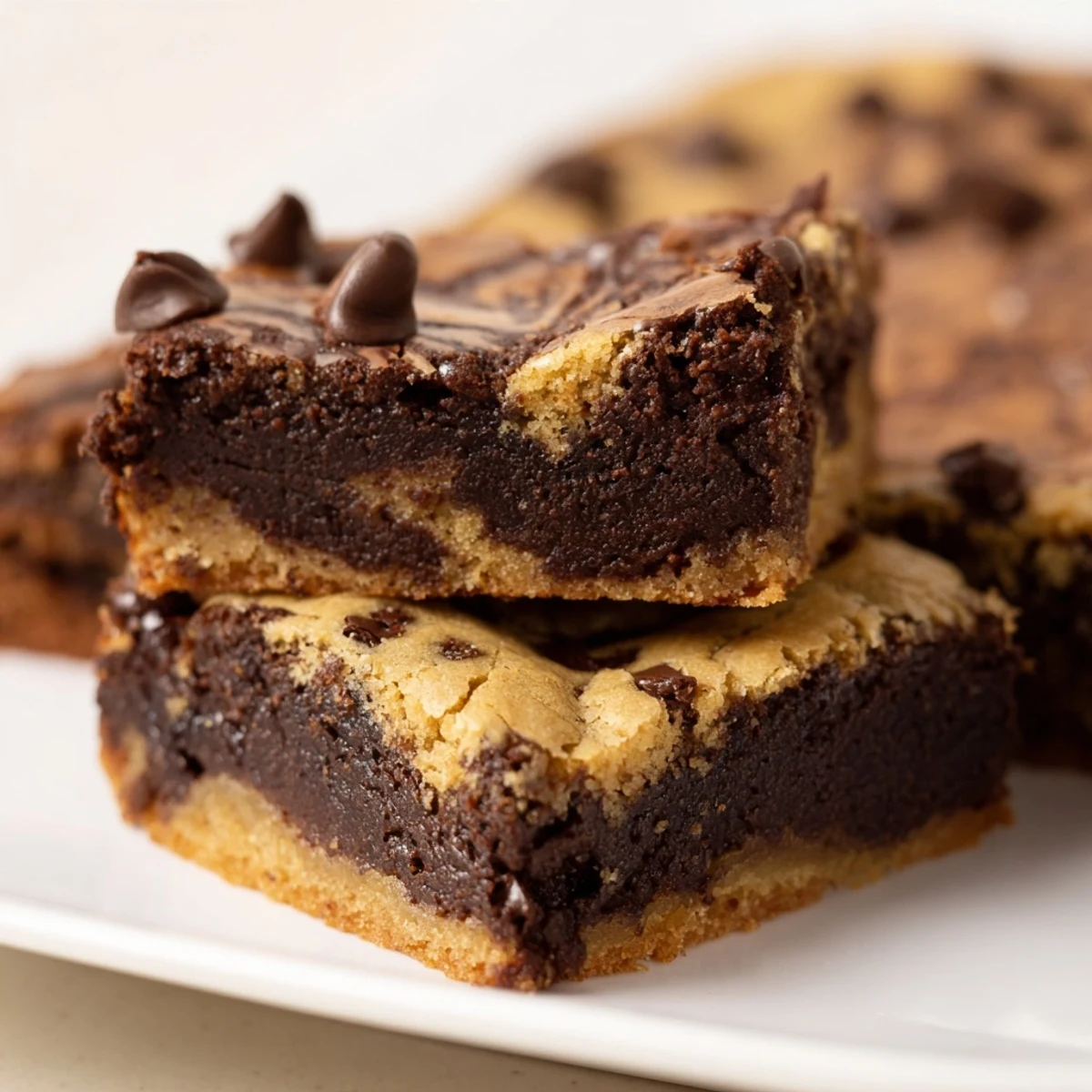 Fudgy chewy browkies stacked on a white plate with melted chocolate chips visible