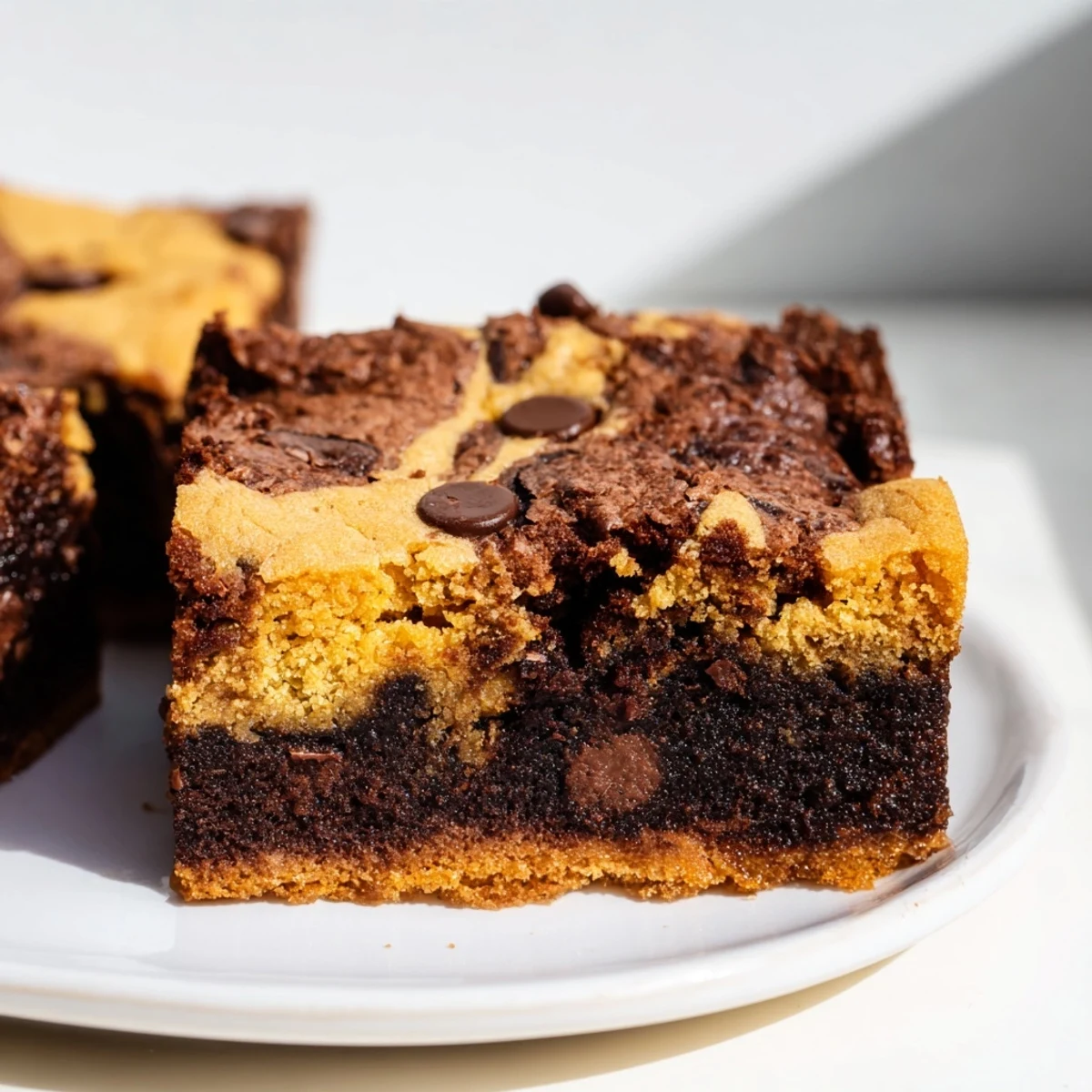 Rich fudgy chewy browkies showing marbled brownie and cookie layers cut into squares