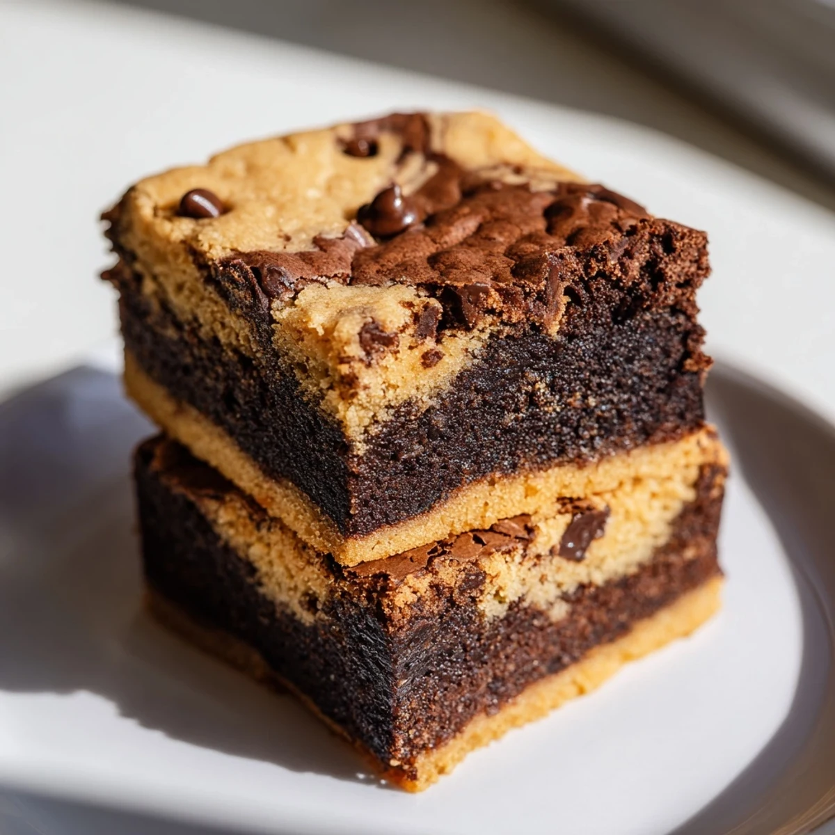 Golden fudgy chewy browkies fresh from the oven with gooey chocolate center exposed
