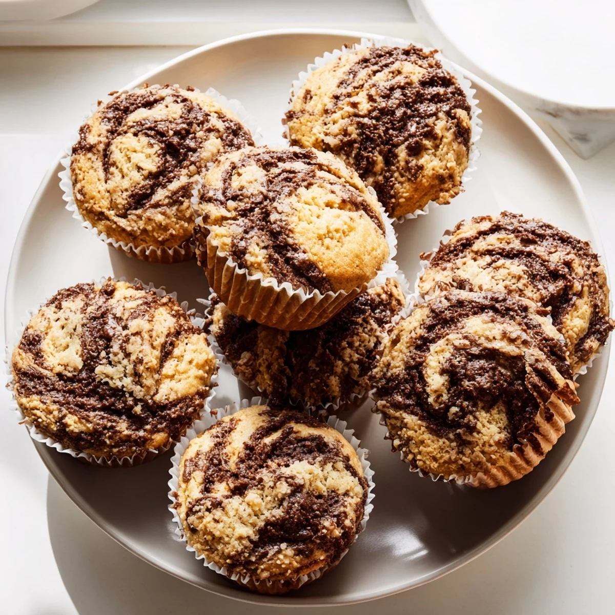 Moist banana muffins topped with a generous Nutella swirl, baked to golden perfection on a wire cooling rack