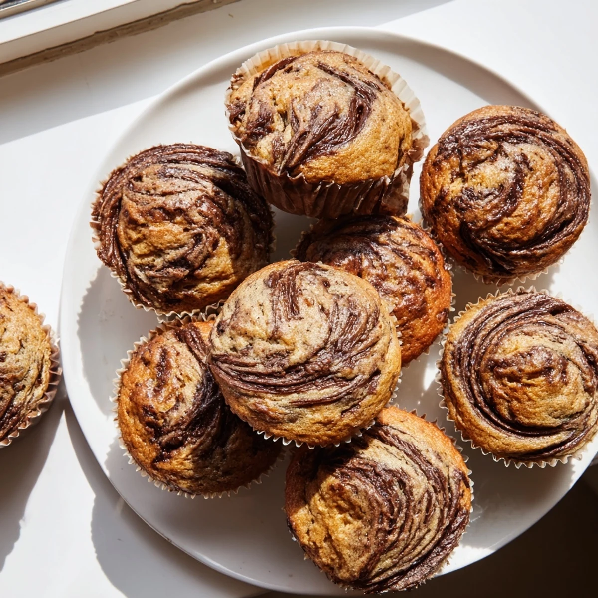 Warm homemade Nutella banana swirl muffins with marbled chocolate hazelnut patterns rising from ripe banana batter