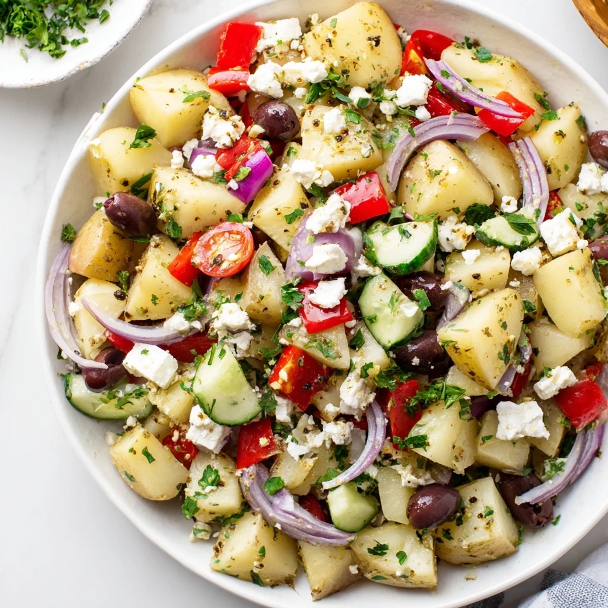 Colorful Greek potato salad with tender potatoes, crisp vegetables, olives, and crumbled feta cheese