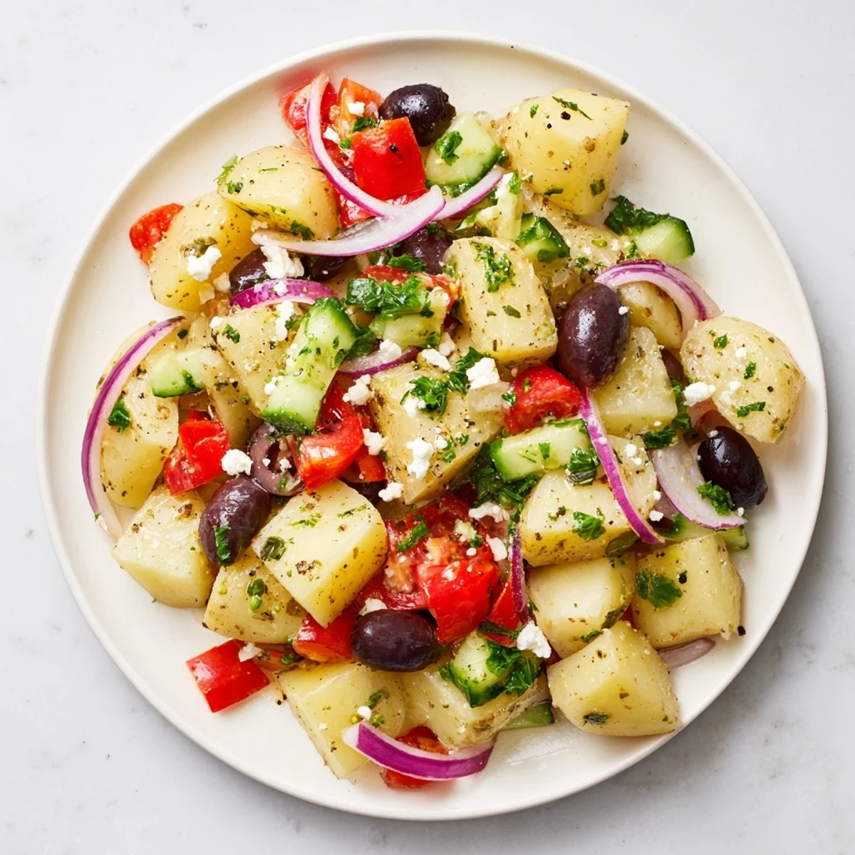 Vibrant summer Greek potato salad tossed with cucumbers, bell peppers, Kalamata olives, and tangy feta
