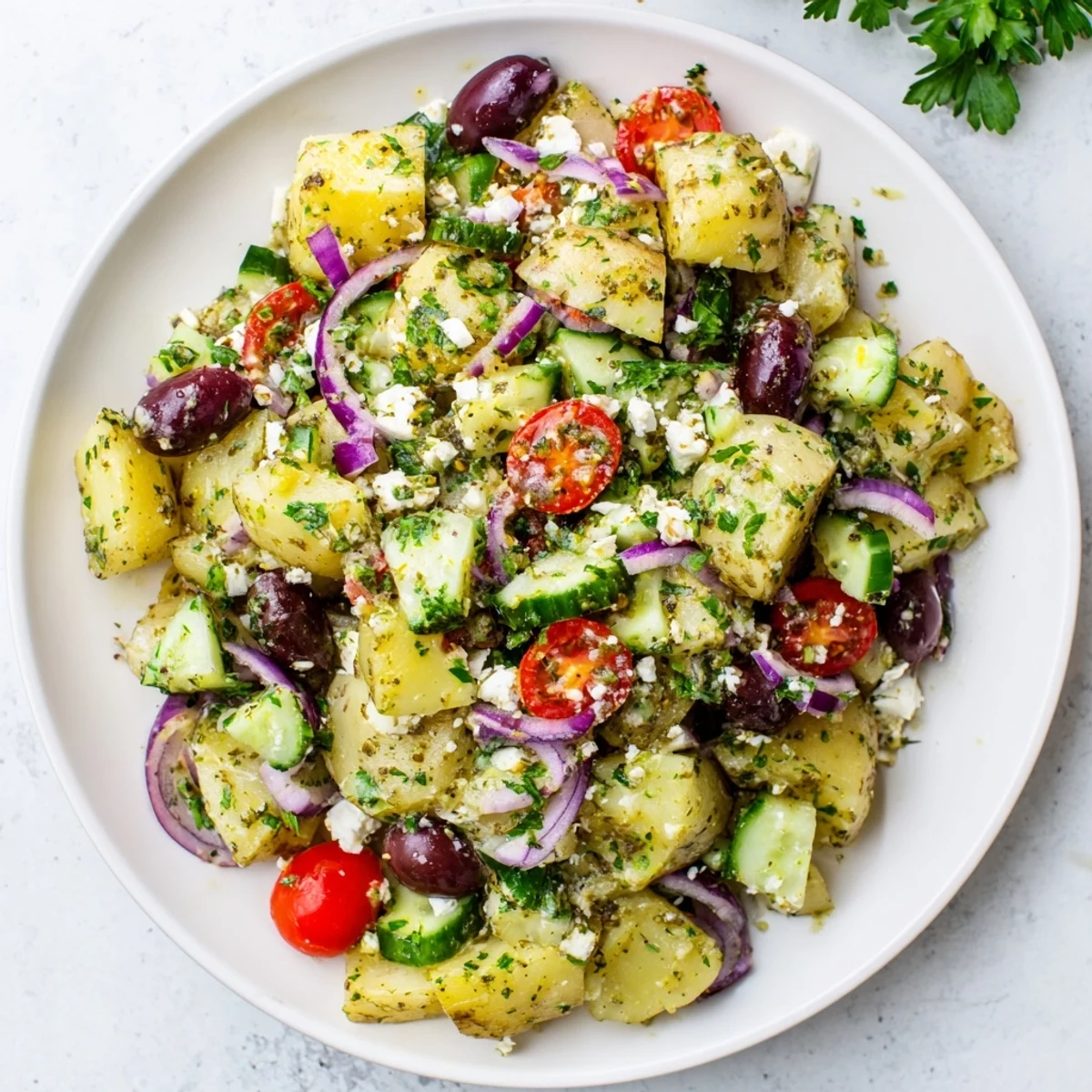 Refreshing Greek potato salad bowl featuring zesty lemon-oregano dressing with cherry tomatoes and red onion