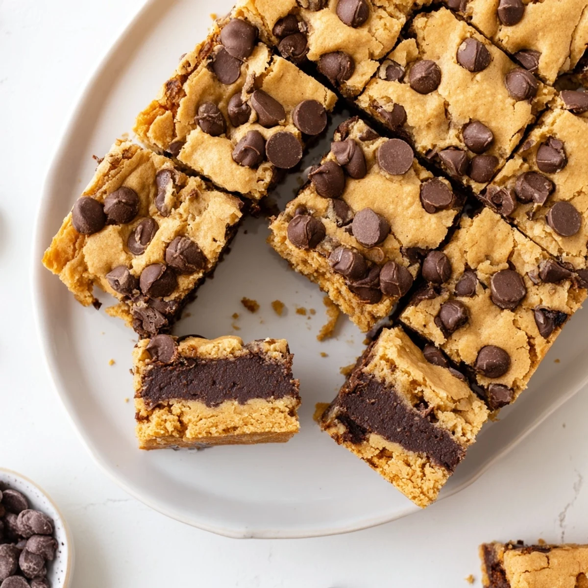 Fudgy chocolate chip cookie brownies with melted chocolate chips on golden surface