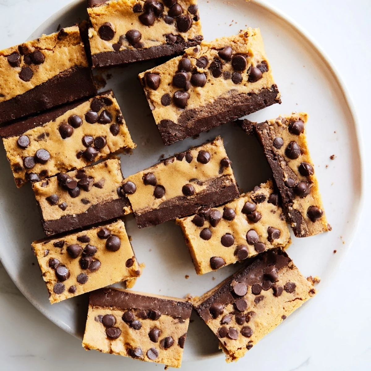 Rich chocolate chip cookie brownies stacked on a white serving plate