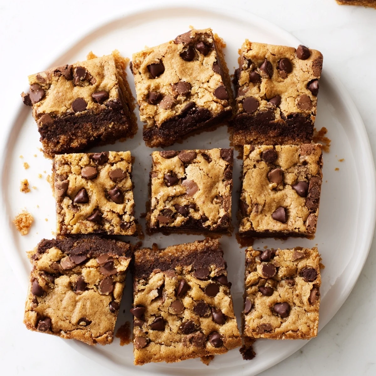 Square slice of chocolate chip cookie brownies showing distinct layers and chocolate chunks