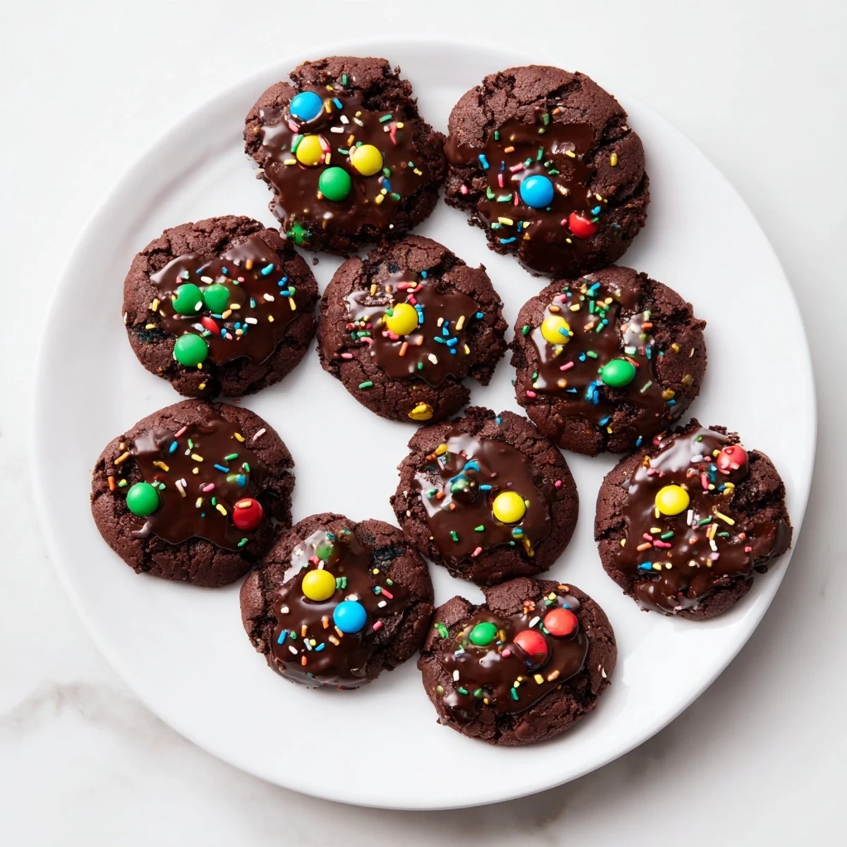 Fudgy Cosmic Brownie Cookies topped with glossy ganache and colorful rainbow candy chips