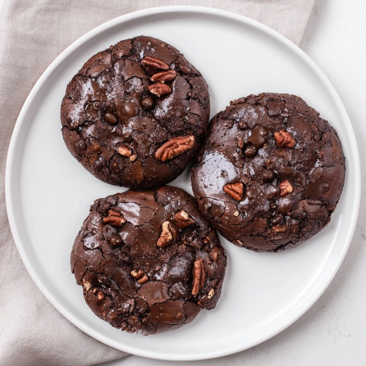 Fudgy sourdough brownie cookies with shiny crackled tops and melted chocolate chunks