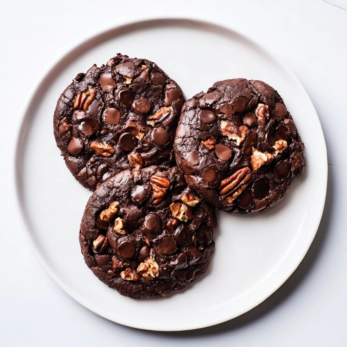 Stack of sourdough brownie cookies displaying crisp edges and gooey fudgy centers