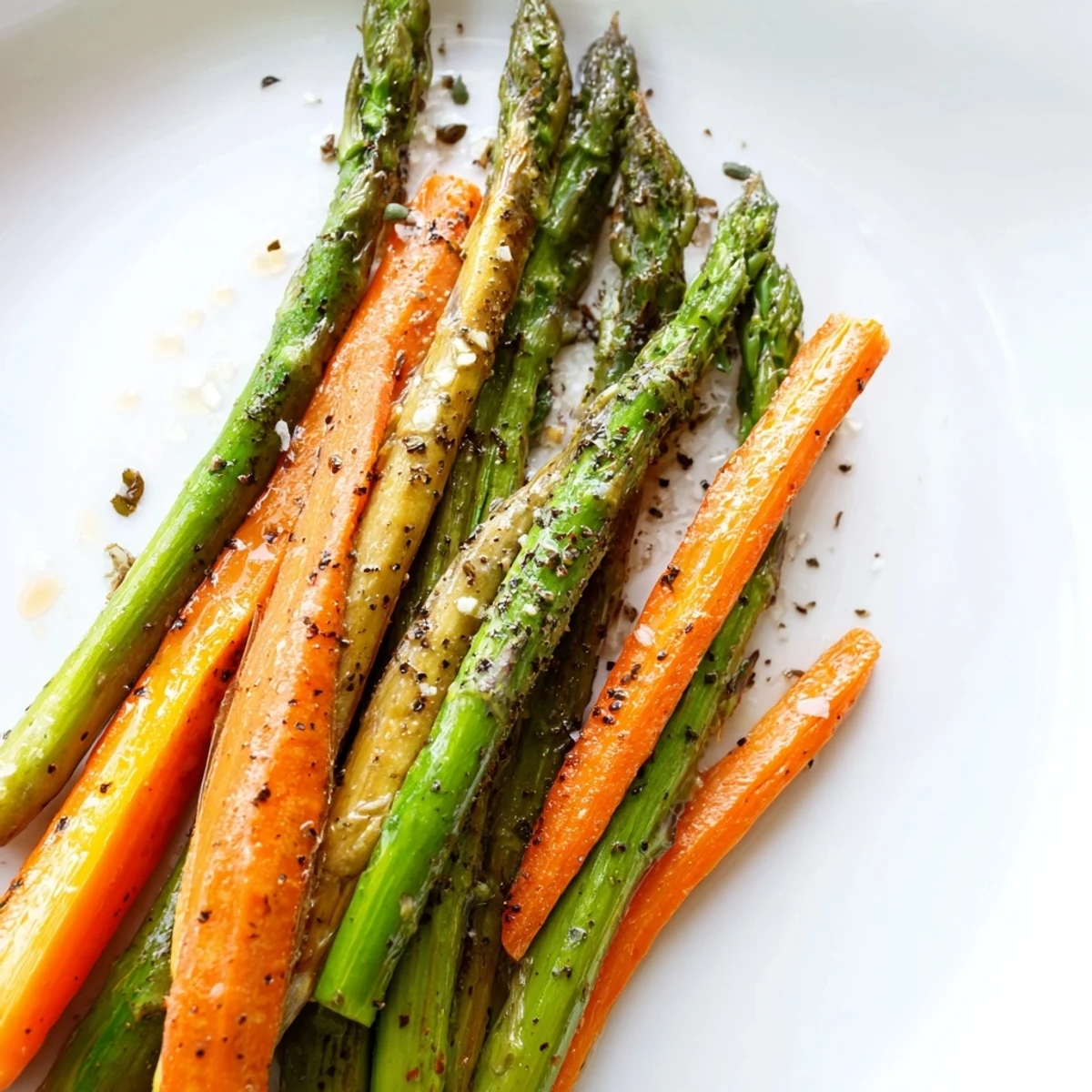 Golden roasted asparagus and carrots arranged on a white serving platter with fresh parsley garnish