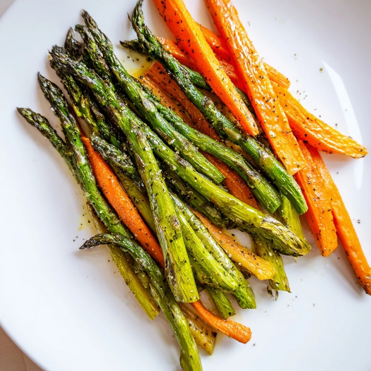 Colorful roasted asparagus and caramelized carrot sticks drizzled with olive oil and dried herbs