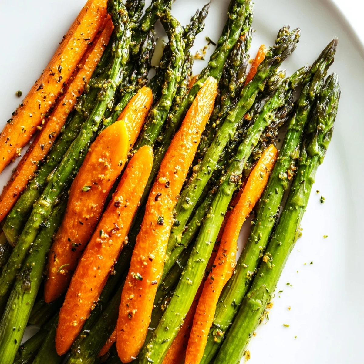 Tender roasted asparagus and sweet carrots displayed on a baking sheet with lightly charred edges