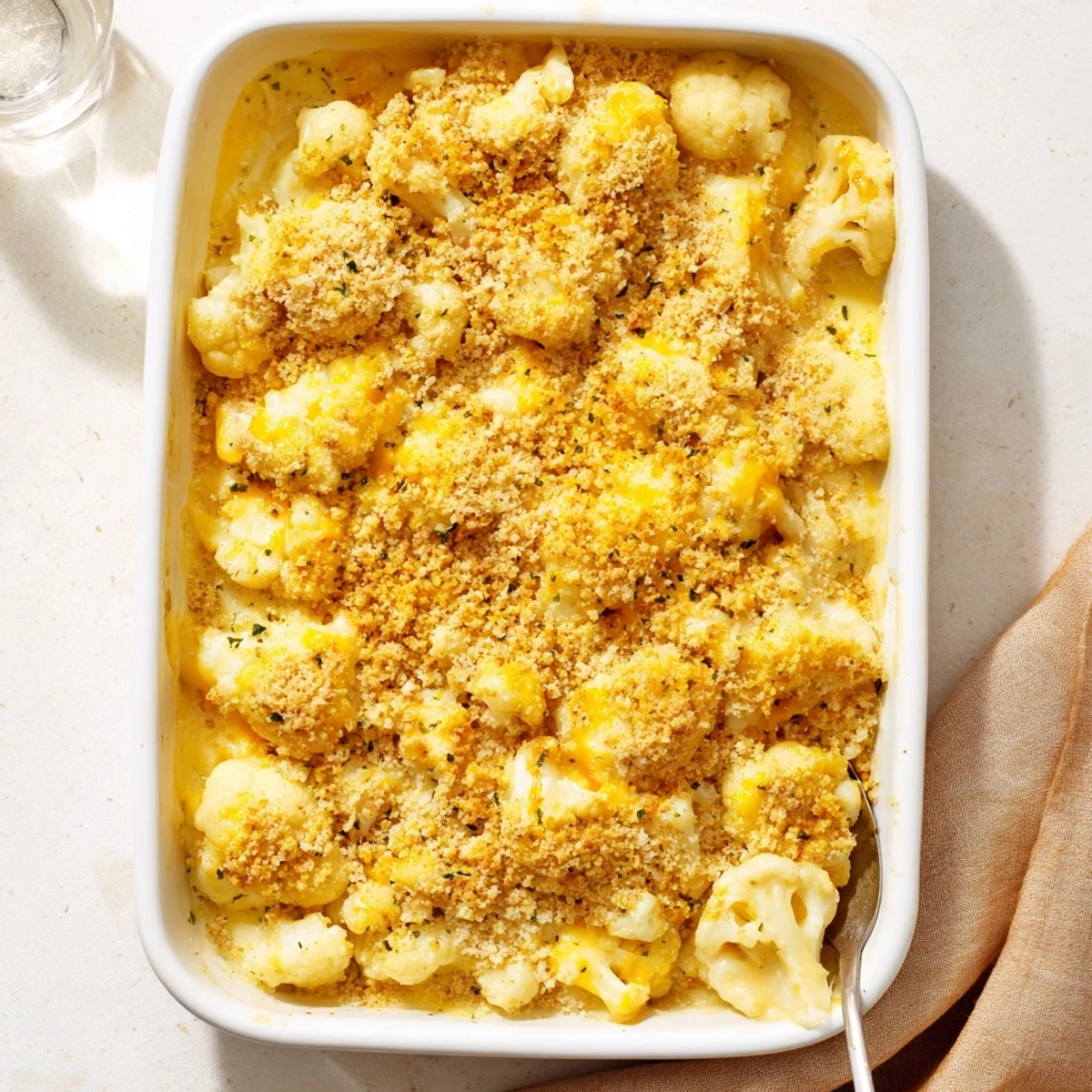 Creamy cheese-coated cauliflower florets baked in a bubbling cheddar sauce with golden crust