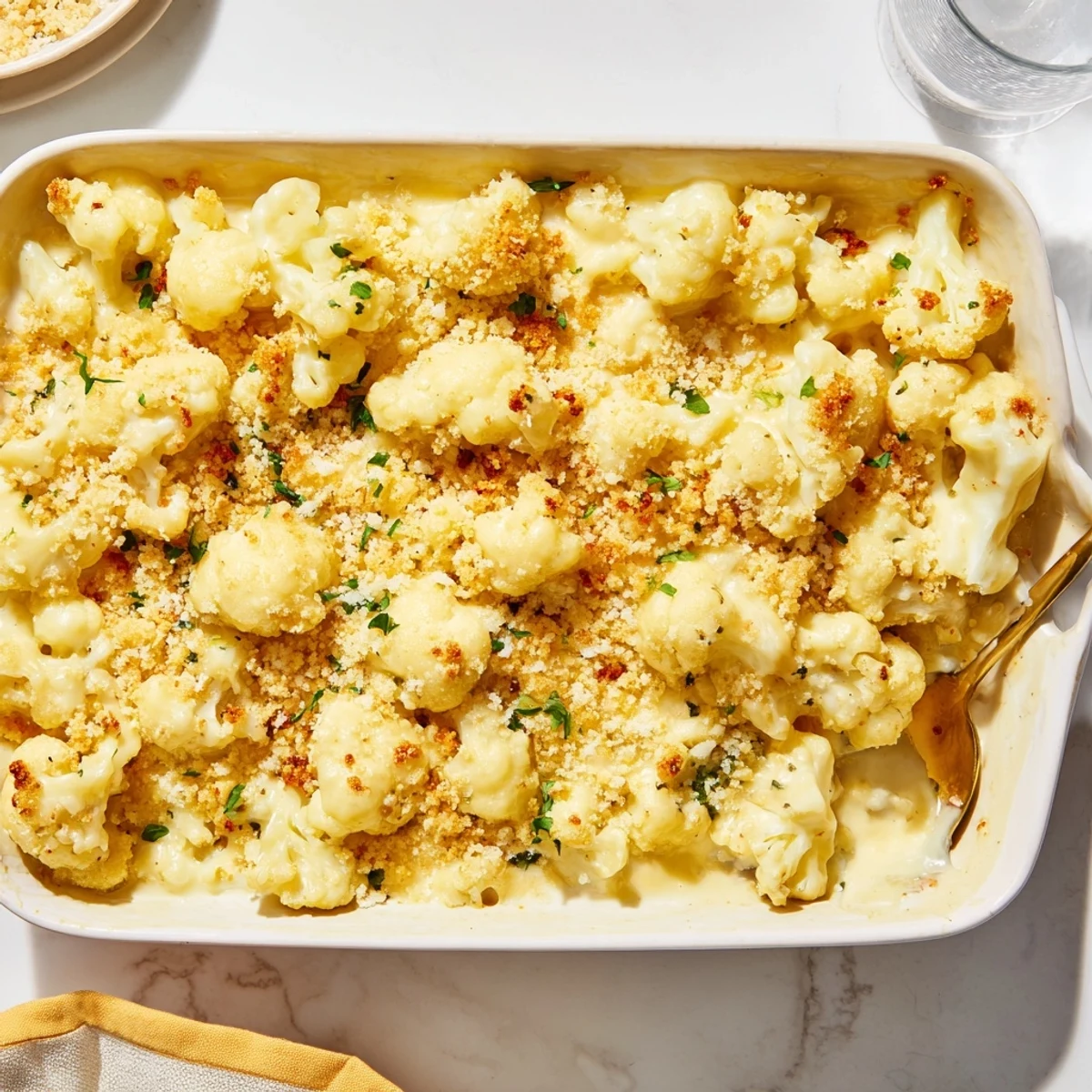 Golden baked cauliflower casserole with melted cheddar sauce and crispy breadcrumb topping