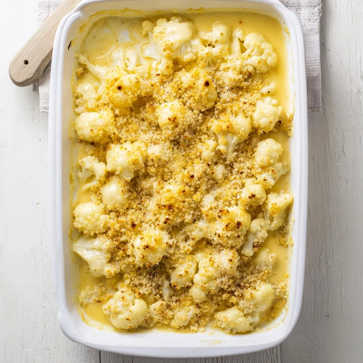 Comforting cauliflower casserole featuring tender florets in rich cheese sauce under crunchy panko