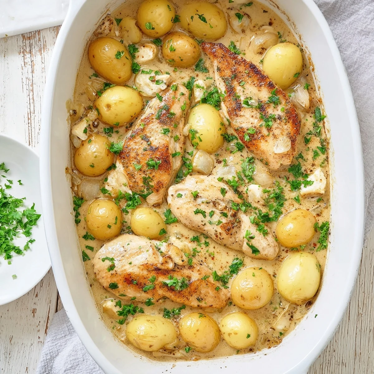 Golden chicken breasts and baby potatoes baked in rich garlic Parmesan cream sauce