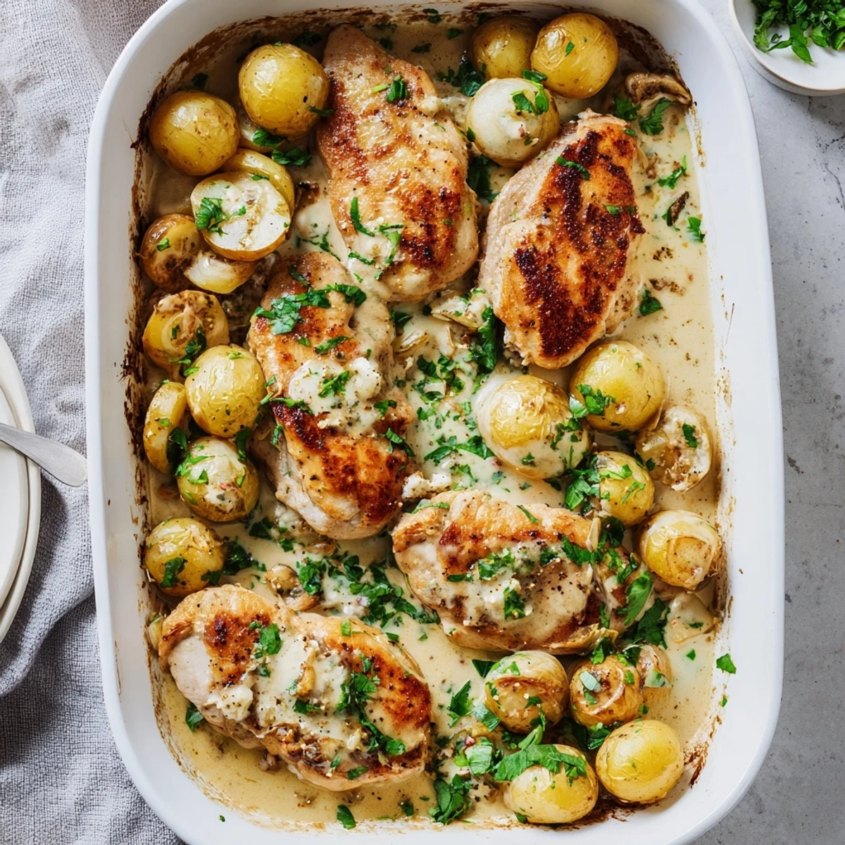 Tender chicken and potatoes swimming in a creamy white Parmesan sauce with fresh parsley