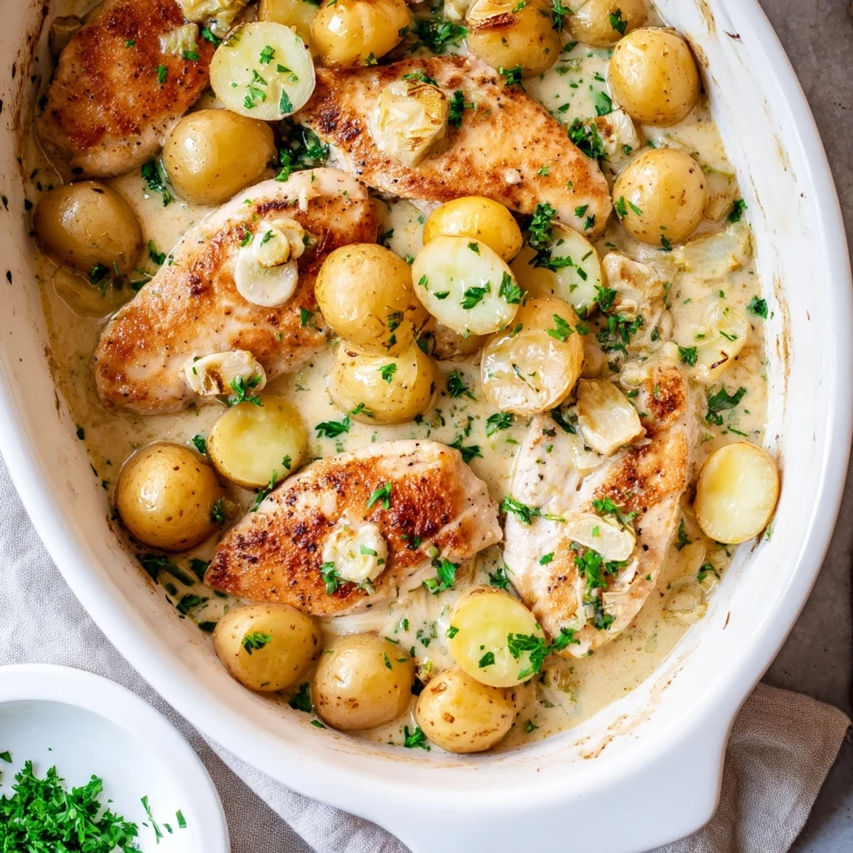 Crispy baked chicken nestled alongside golden potatoes coated in thick garlic Parmesan cream sauce