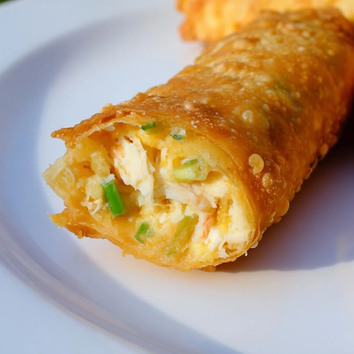 Crispy appetizer featuring Crab Rangoon egg rolls ready for serving with sweet chili dip