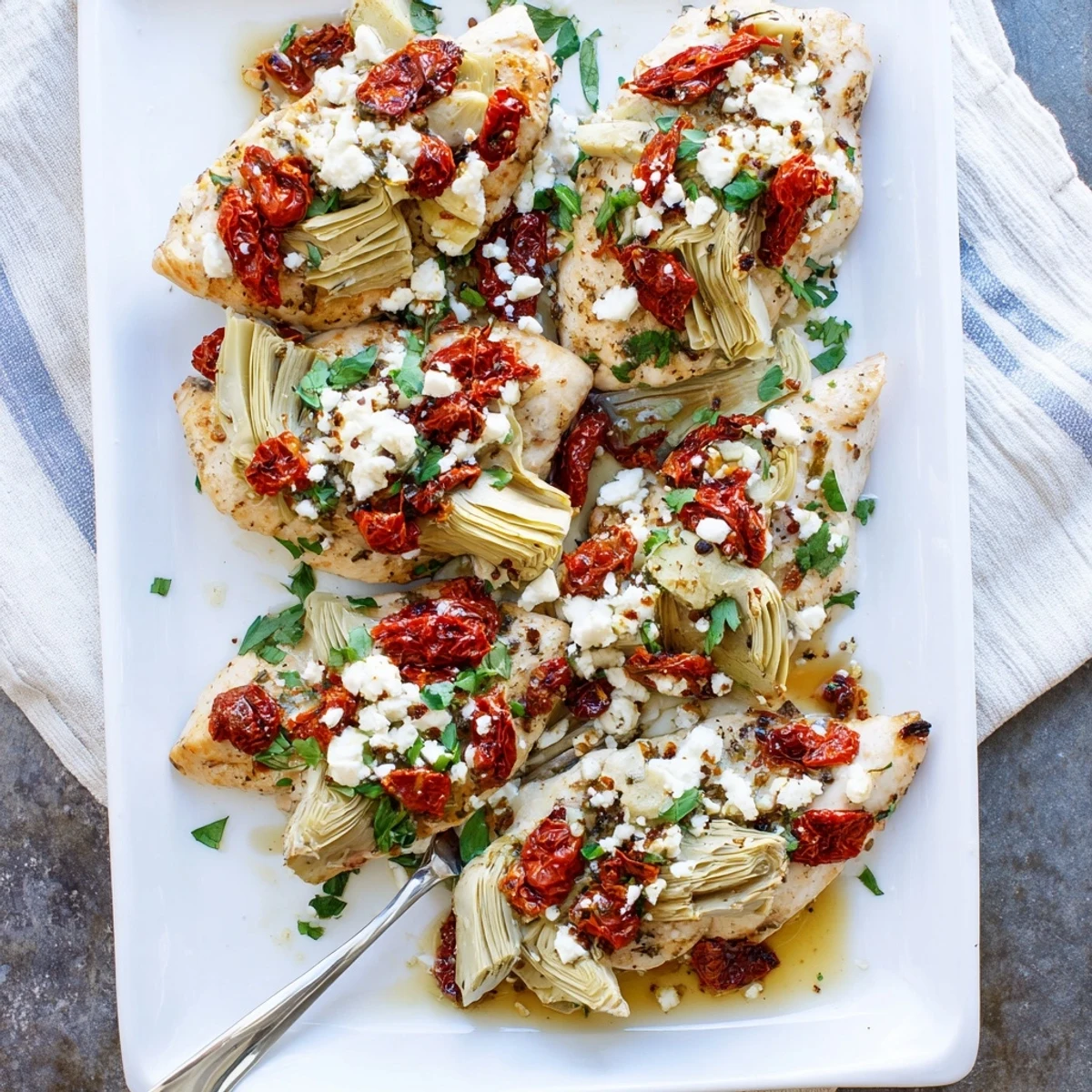 Golden broiled artichoke chicken topped with melted feta and fresh parsley on a white plate