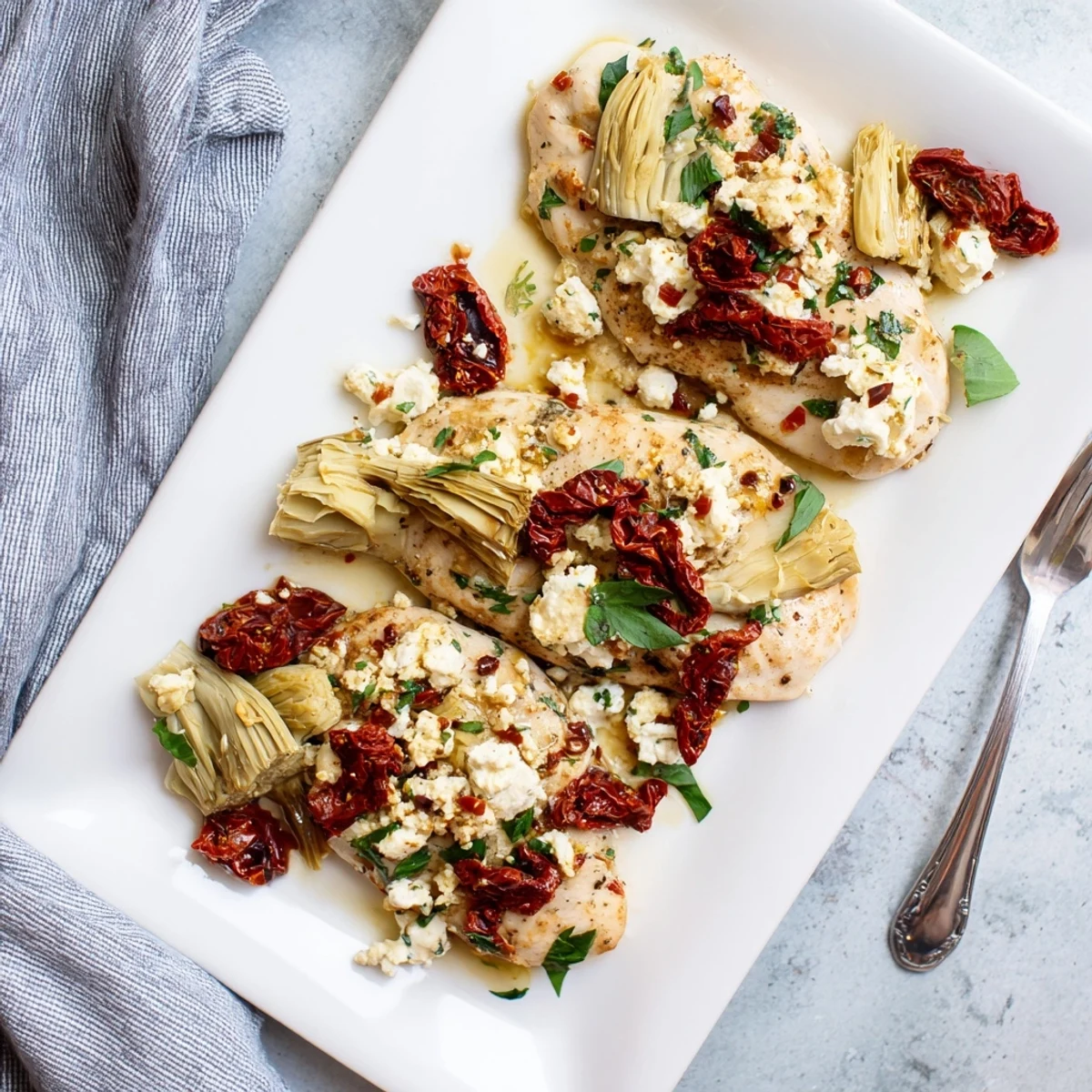 Mediterranean-style chicken breasts broiled with artichoke hearts, sun-dried tomatoes, and crumbled feta cheese