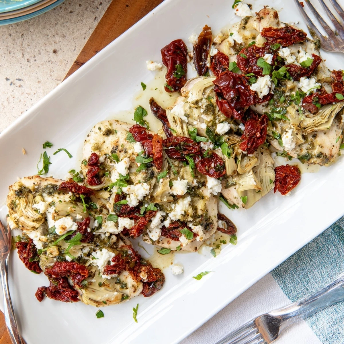 Tender broiled artichoke chicken with bubbling feta topping garnished with green herbs