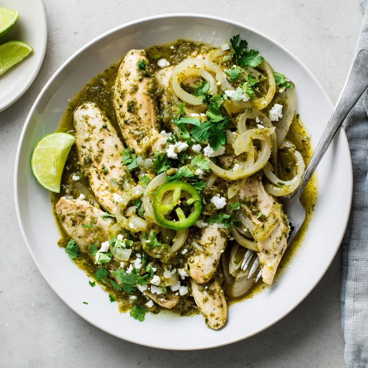 Tender salsa verde chicken simmered in tangy tomatillo sauce topped with crumbled queso fresco and lime