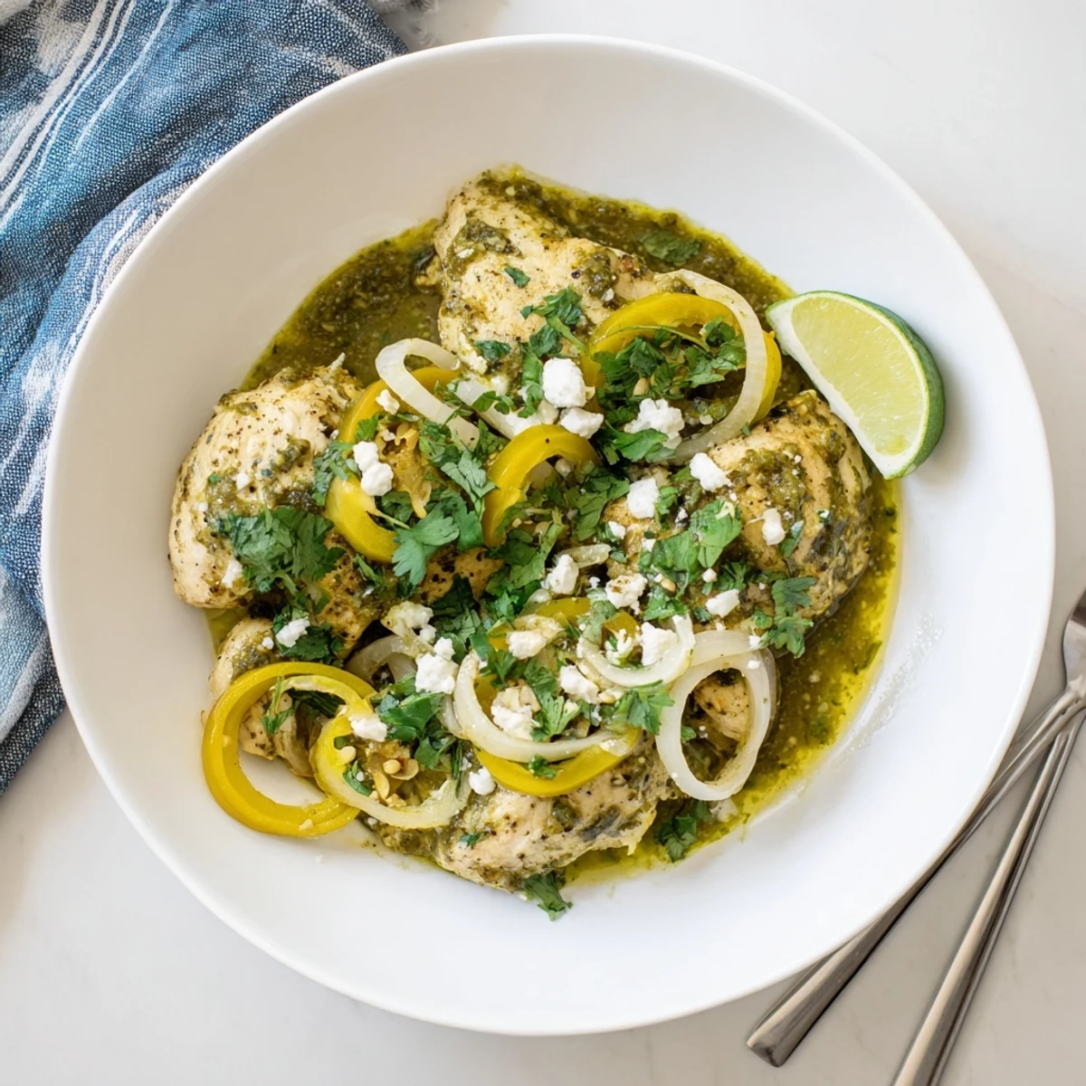 Savory Mexican-style salsa verde chicken breasts plated with zesty green sauce and optional jalapeño slices