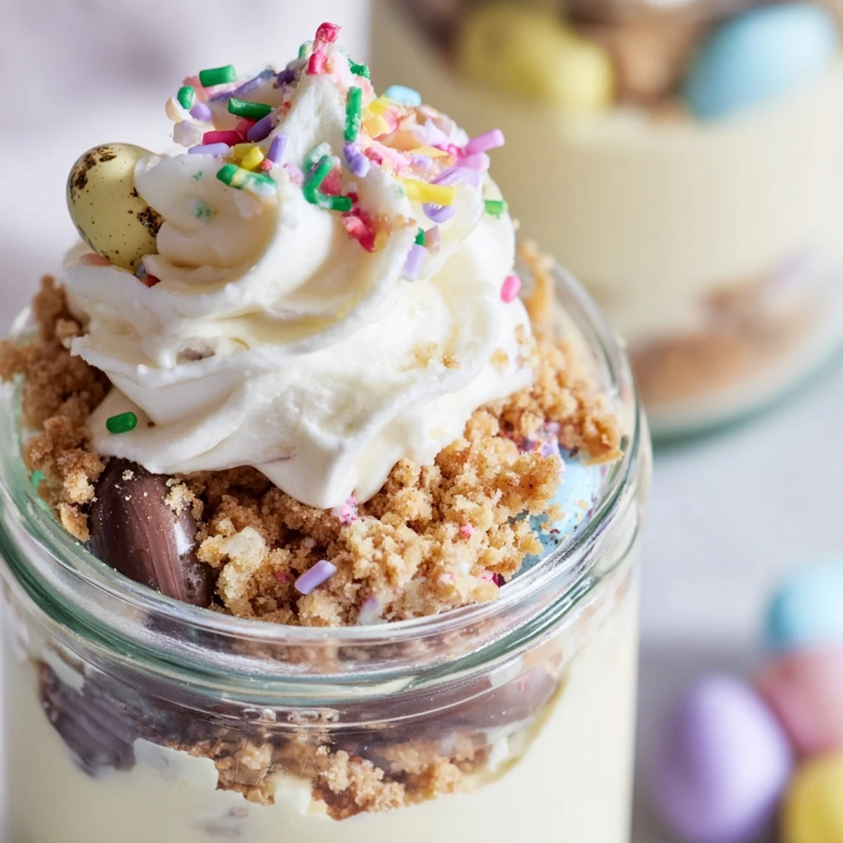 Glass jar of Easter egg cheesecake with creamy layers and colorful chocolate eggs tucked inside
